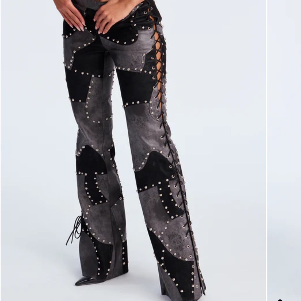 Studded Patchwork Lace-Up Leather Pants - Charcoal Black